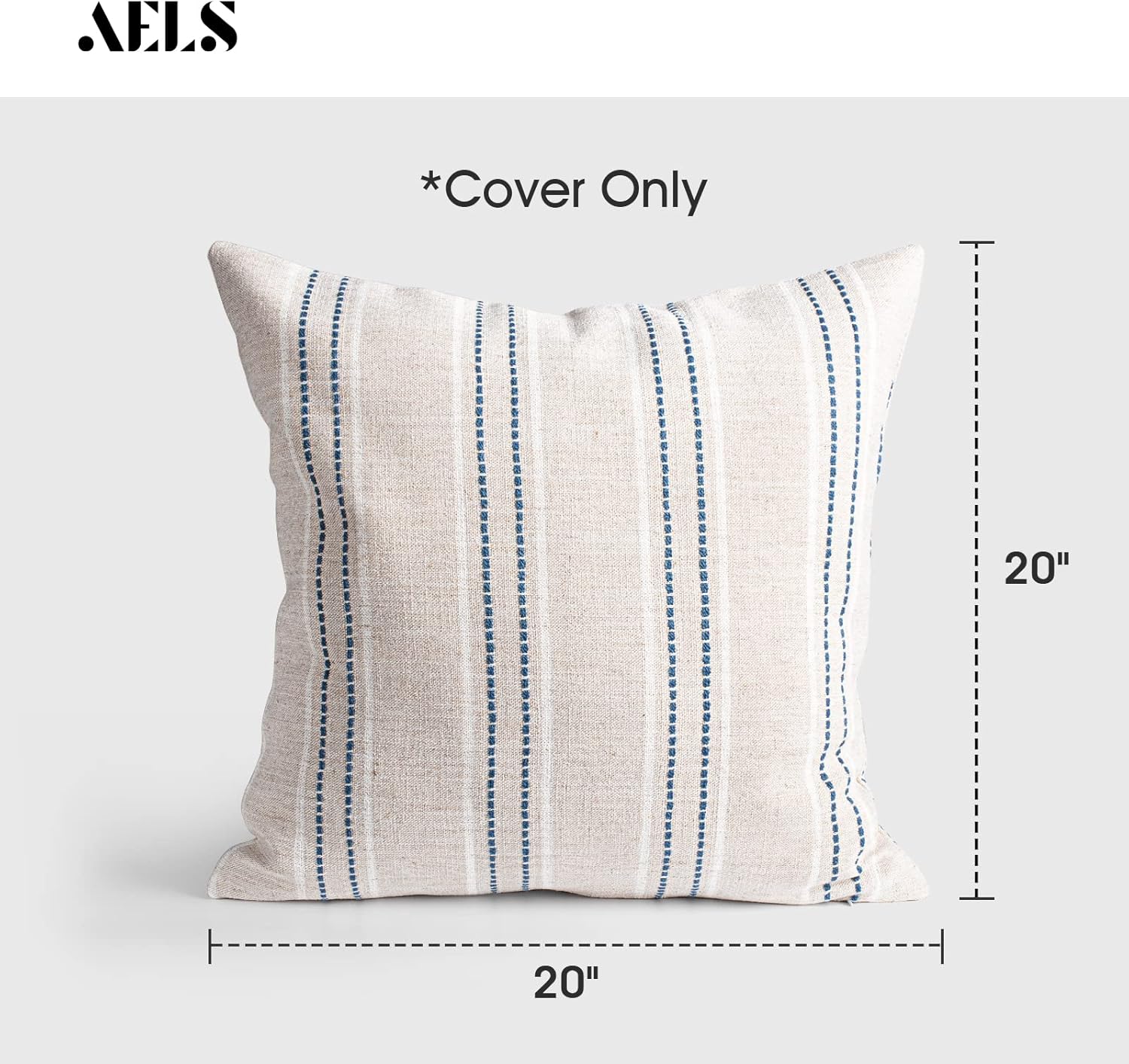 AELS 20x20 Decorative Farmhouse Linen Throw Pillow Covers, Boho Textured Pillow Case, Set of 2,Beige with White & Navy Blue Stitch Yarn Dyed Stripe Cushion Cover for Sofa Couch Living Room(Cover ONLY)