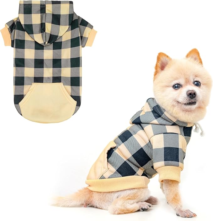 KOOLTAIL Plaid Dog Hoodie Pet Clothes Sweater with Hat and Pocket for Small Medium Large Size Dogs, Soft Winter Warm Dog Cold Weather Coat, Fleece Fall Dog Hooded Sweatshirt for Puppy Cats, Beige S