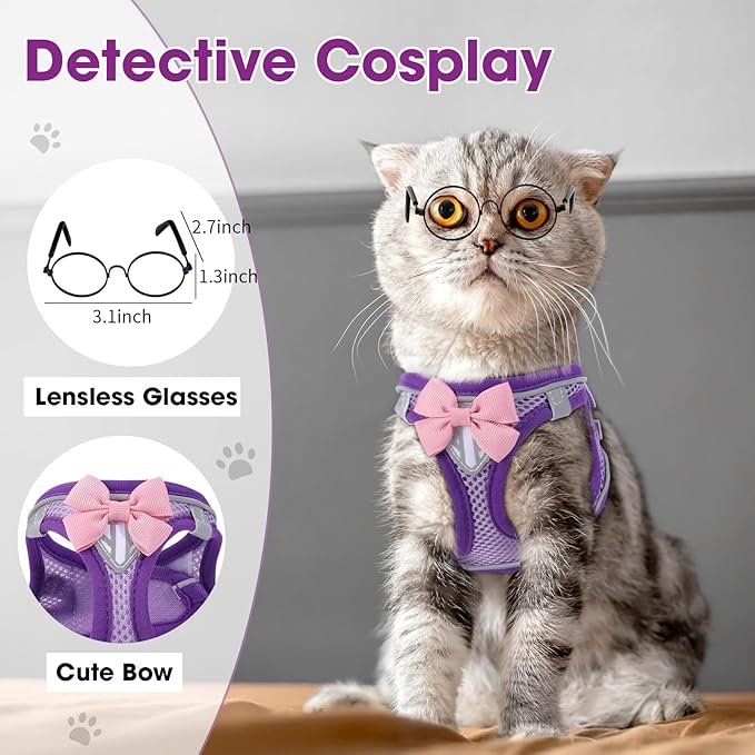 Cat Harness and Leash Set for Walking Escape Proof, Adjustable Kitten Harness Breathable Mesh with Reflective Strips Harness for Kitty Puppy Bunny Purple,Large