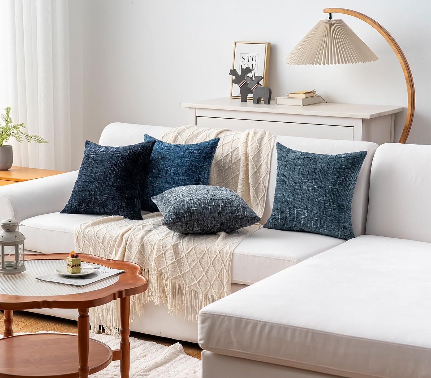 Decorative Throw Pillow Covers 18x18 Inch Set of 4, Soft Solid Farmhouse Chenille Couch Pillows, Spring Pillow Covers for Couch Sofa Bed Living Room Home Decor Pillowcase, Cool Colors