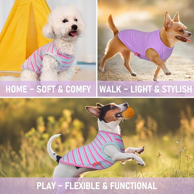 KYEESE 2Pack Dog Shirts Striped T Shirt Soft Tee for Small Dogs Cotton Tank Top Lightweight Sleeveless Vest Dog Clothes, Small,Purple+Striped