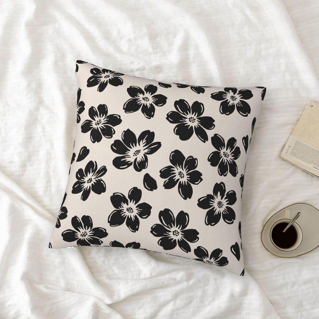 Decorative Black Floral Throw Pillow Covers 18 x 18 Inch Set of 2, Black Beige Lucky Flowers Cushion Cover Square Pillow Cases for Office Couch Sofa Bedroom Living Room Farmhouse Home Decor Cream