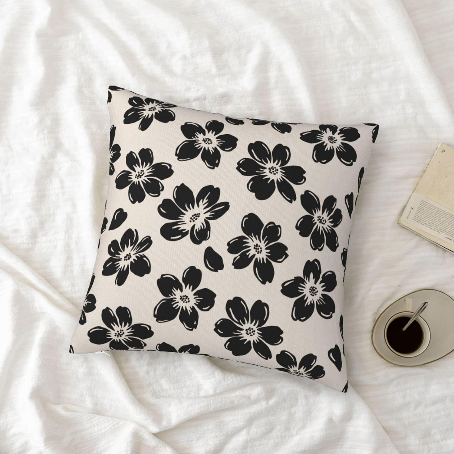 Decorative Black Floral Throw Pillow Covers 18 x 18 Inch Set of 2, Black Beige Lucky Flowers Cushion Cover Square Pillow Cases for Office Couch Sofa Bedroom Living Room Farmhouse Home Decor Cream