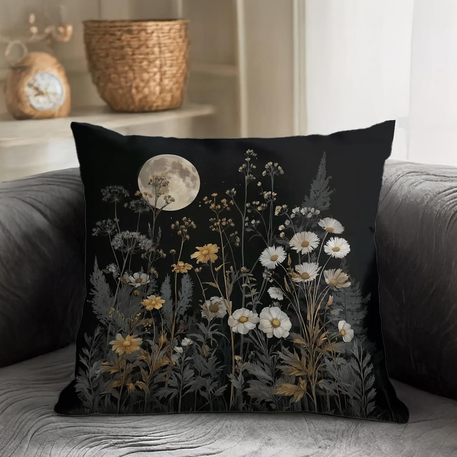 Bohemian Pillow Covers | Vintage Floral & Carpet Design | Double Sided Blue White Decorative Pillowcases for Couch, Bed | Indoor Outdoor Boho Home Decor (Moon, 18x18inches)