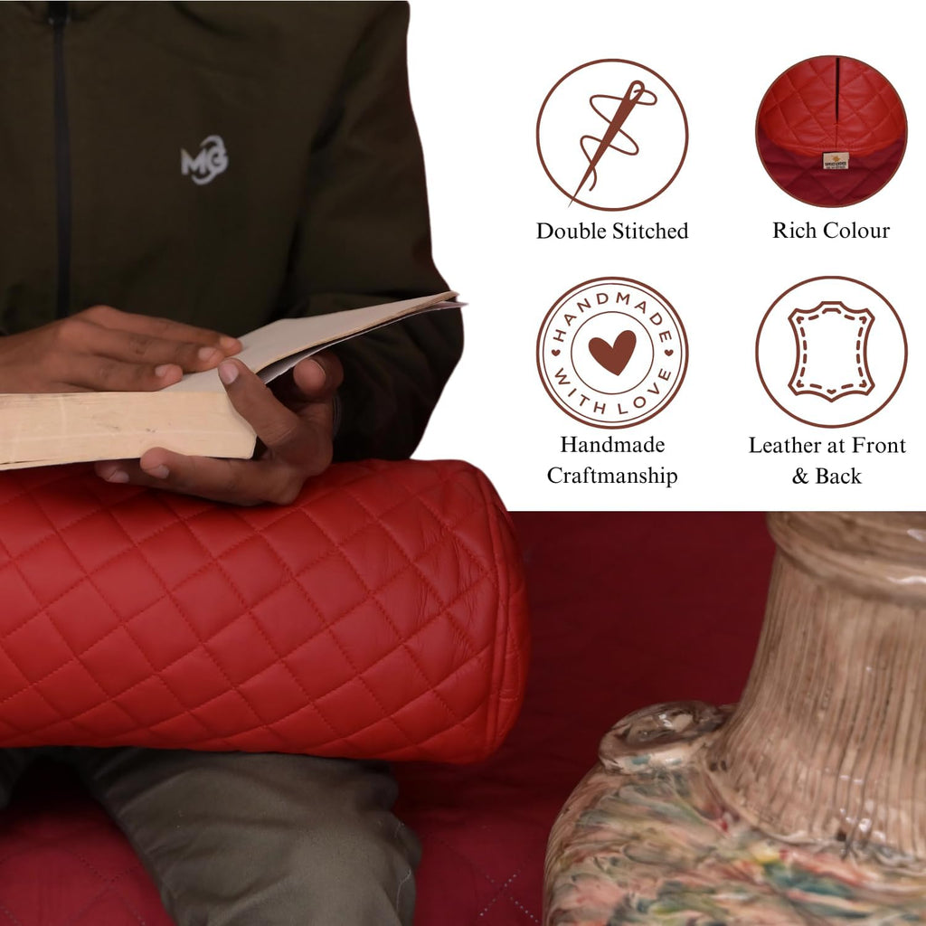 Neck Roll Pillow Cushion Cover, 18x7 Inch Full Moon Round Bolster Pillow Case, Cylinder Soft Lambskin Leather Pillowcase for Head, Spine & Neck Support During Sleep - Quilted Cherry Red Pack of 1