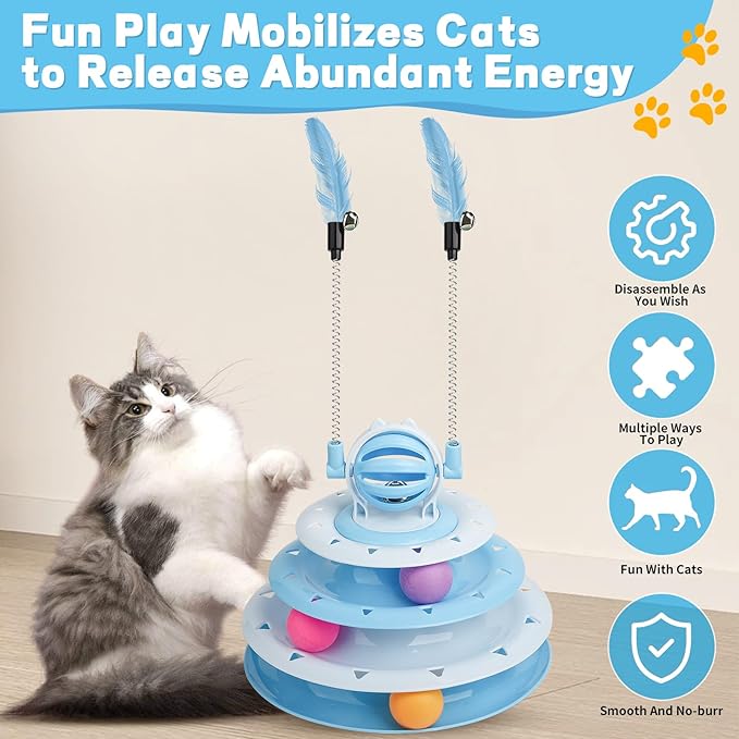 Cat Toy Interactive Pet Plaything for Indoor Kitten Interactive Kitty Puzzle Ball with 2 Cat-Tease (Blue)