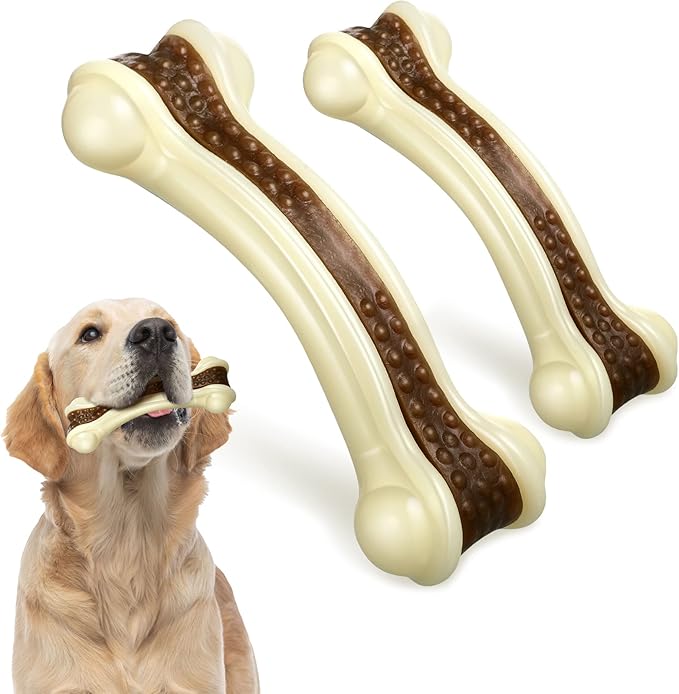 Sosation Bones Shaped Dog Toys for Aggressive Chewers, 2 Pack Dog Chew Toys Puppy Teething Nylon Beef Flavor for Large/Medium/Small Puppies Breeds(Curved Bone,Large, Small)