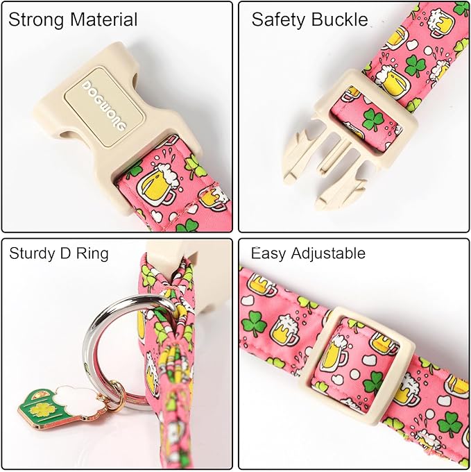 DOGWONG St. Patrick's Day Dog Collar, Pink Green Clover Dog Collars, Adjustable St. Patrick's Day Pet Collars Beer Dog Collar with Quick Release Buckle for Girl Female Dogs