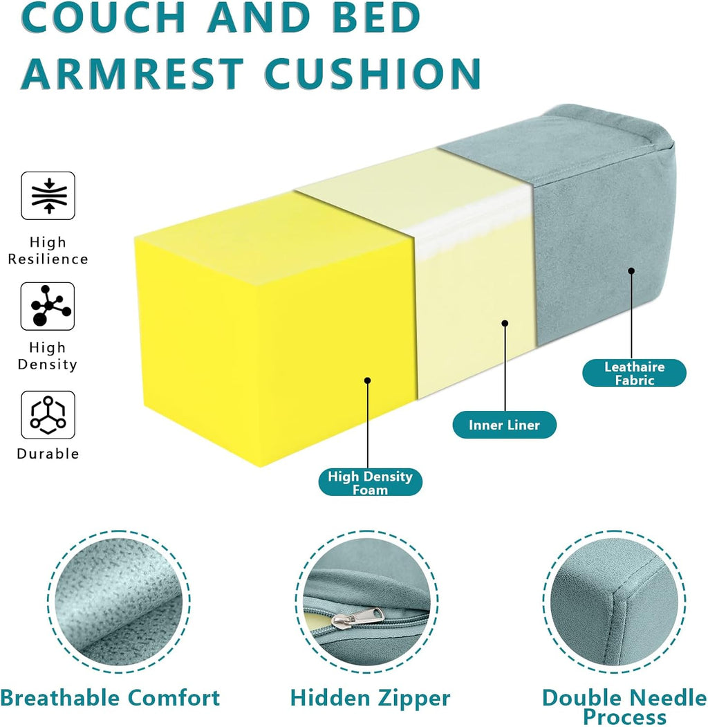 2 Pack Couch Arm Rest Pillow, 6''x6''x20'' Faux Leather Waterproof Cover, High Density Foam Armrest Cushion, Removable & Washable Elbow Support for Sofa, Bed, and Armchair (Blue)