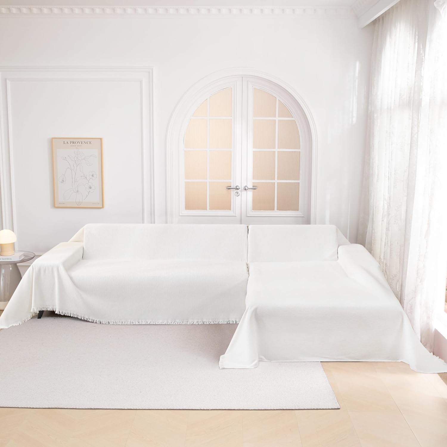 MYSKY HOME Couch Cover for Dogs Washable Couch Covers Couch Covers for Dogs Couch Cover 2 Cushion Sofa Non Slip Dogs Furniture Protector with Tassels Chenille Sofa Covers for Pets, 71"x102", White