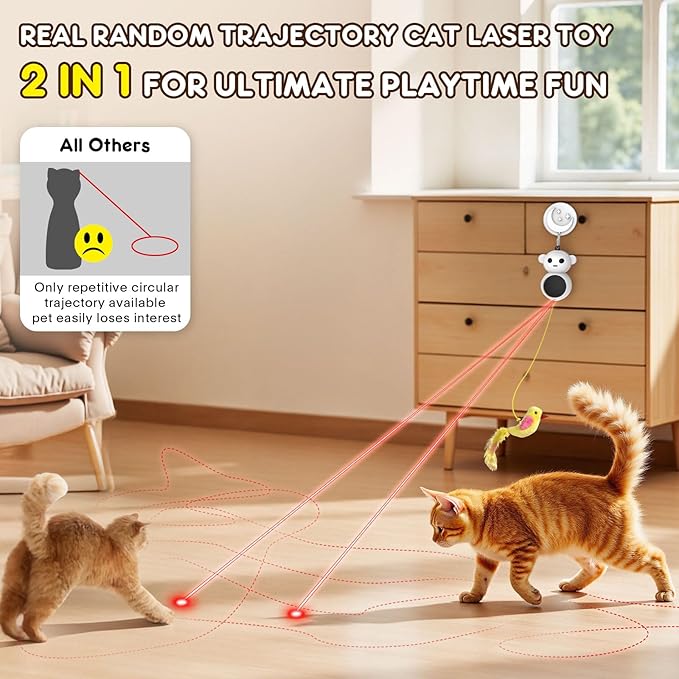 Interactive Cat Toys for Indoor Cats - 2 in 1 Automatic Laser Pointer Cat Toy with Flying Bird，Smart Moving Wand Toy with 2 Modes, Auto On/Off Hanging Safe Toys for Bored Kitten & Adult Cats