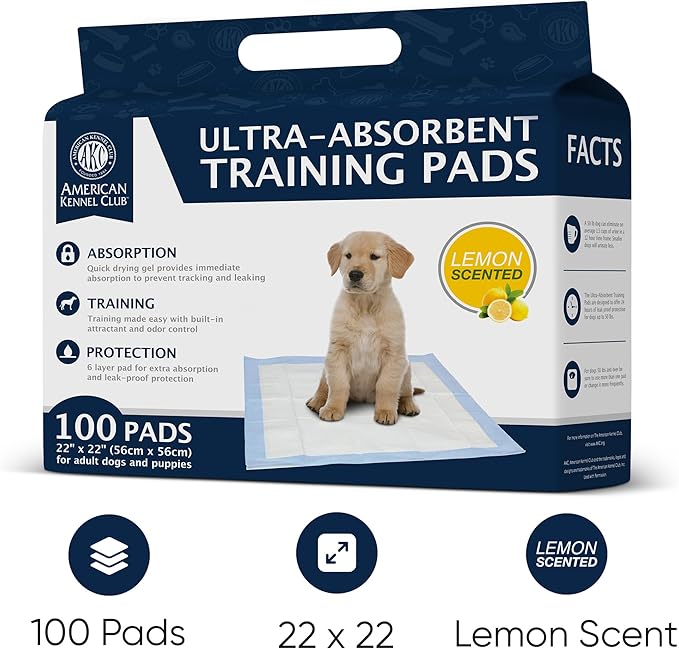 American Kennel Club Scented Puppy Training Pads with Ultra Absorbent Quick Dry Gel – 22 x 22 Pee Pads For Dogs - Lemon Scented - 100 Count
