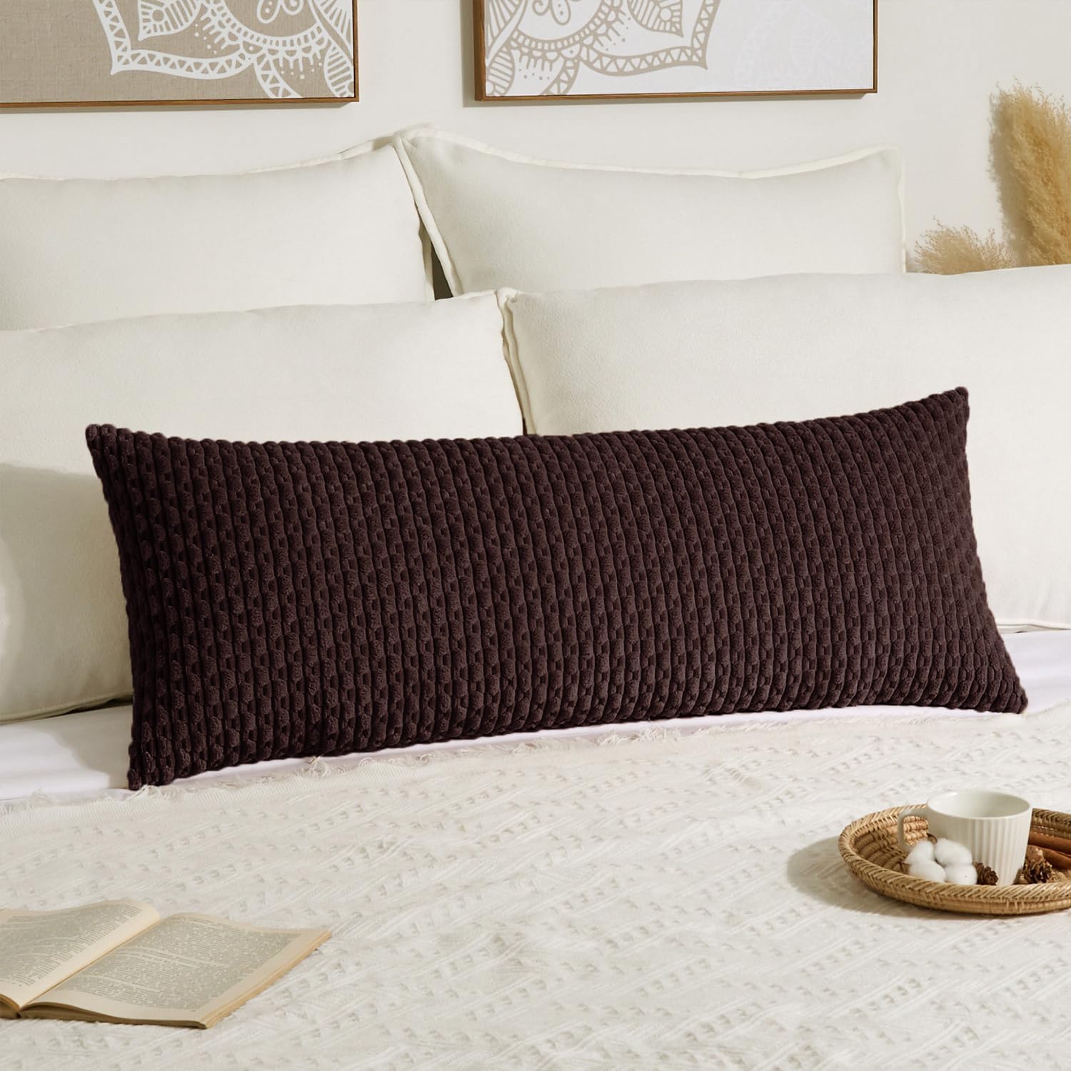 Kevin Textile 14x36 Inch Long Lumbar 1 Pack Boho Decorative Throw Pillow Cover Soft Striped Corduroy Rectangle Cushion Case Farmhouse Accent for Living Room Couch Sofa Bed, Coffee