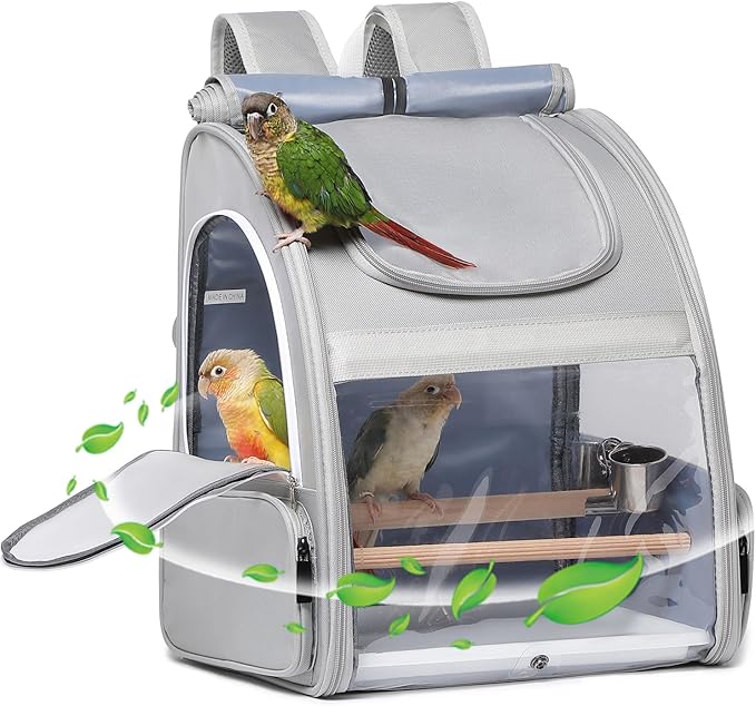 Bird Carrier,Travel Bird Cage,Bird Backpack for Small Birds Parakeet,Canary,Parrot, Finches,Cockatiel.Portable Outdoor Bird Bag with 2 Wooden Perch, Double-Clamp Cup, Detachable Poop Tray (Gray)