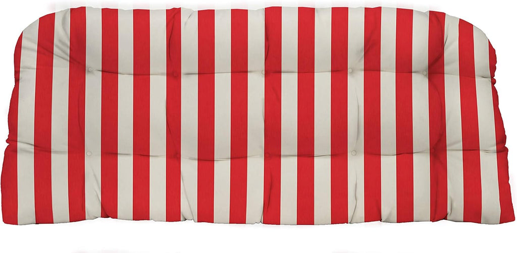 RSH DECOR: Tufted Wicker Loveseat Cushion | 41” x 19" | All-Weather Spun Fabric | Water and Fade-Resistant | Outdoor Settee Cushion for Patio Furniture | Red & White Stripe