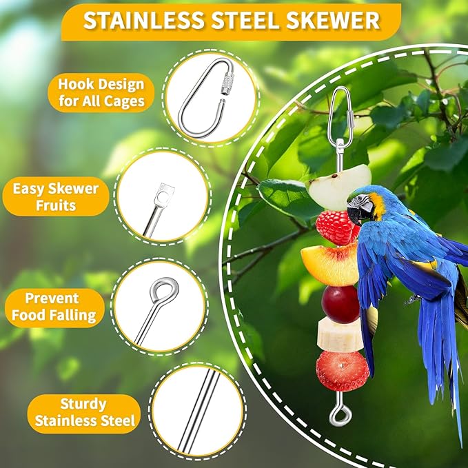 3 Pcs Bird Food Holder for Cage, Parrot Food Treat Skewer Hanging Fruit Vegetable, Stainless Steel Bird Foraging Toy for Cockatiel Parakeet Budgie Macaw Small Animals Feeder -Silvery, 3 Pcs