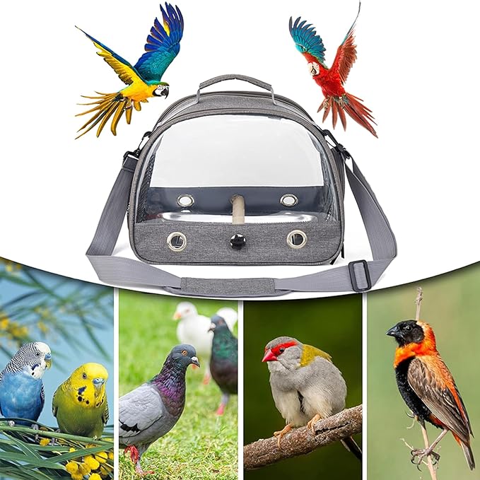 Small Bird Carrier Cage with Standing Perch & Tray Portable & Breathable Pet Travle Transport Carry Bag with Shoulder Strap for Vet Visit & Outdoor Walking (Grey)