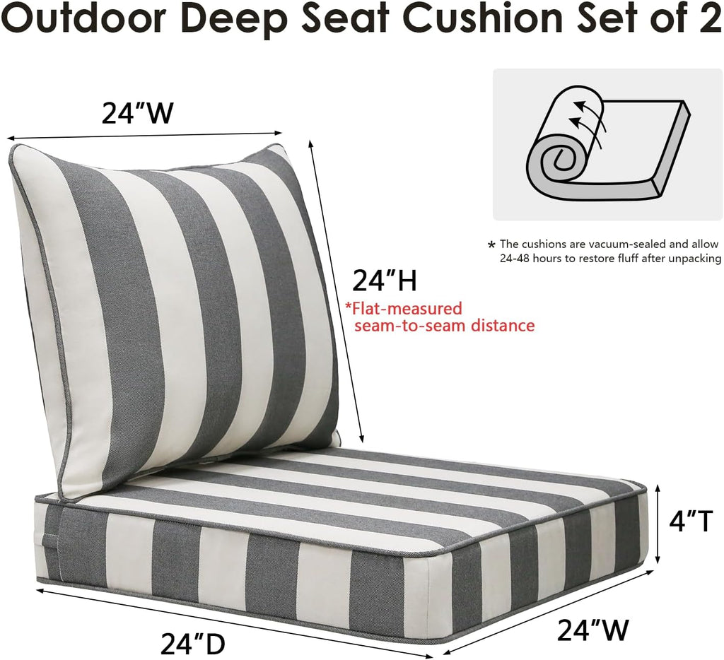 Outdoor Patio Chair Cushions Set, 24" x 24", Set of 2, Water-Repellent, Fade Resistant, Deep Seat Bottom and Back Cushion for Backyard, Couch, Sofa and Patio Furniture, Gray Stripe