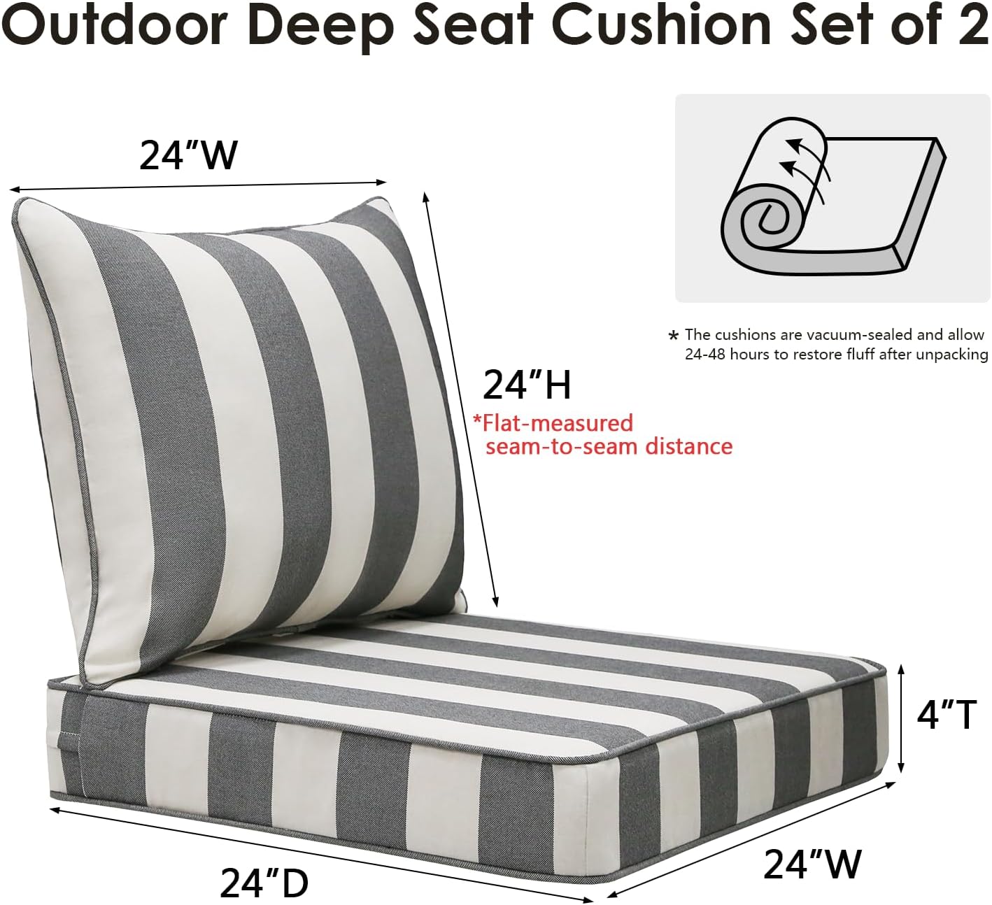 Outdoor Patio Chair Cushions Set, 24" x 24", Set of 2, Water-Repellent, Fade Resistant, Deep Seat Bottom and Back Cushion for Backyard, Couch, Sofa and Patio Furniture, Gray Stripe