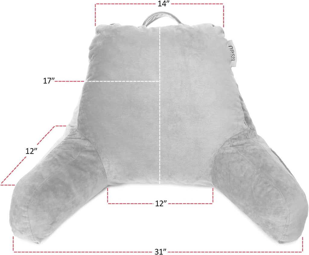 Nestl Reading Pillow with Shredded Memory Foam, Designed for Sitting Up in Bed and Couch, Back and Arms Adjustable Support for Adult & Teens Backrest Pillows for Reading with Washable Cover Light Grey