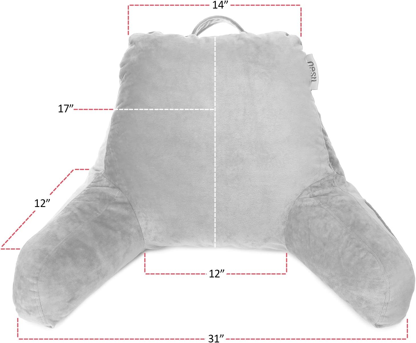 Nestl Reading Pillow with Shredded Memory Foam, Designed for Sitting Up in Bed and Couch, Back and Arms Adjustable Support for Adult & Teens Backrest Pillows for Reading with Washable Cover Light Grey