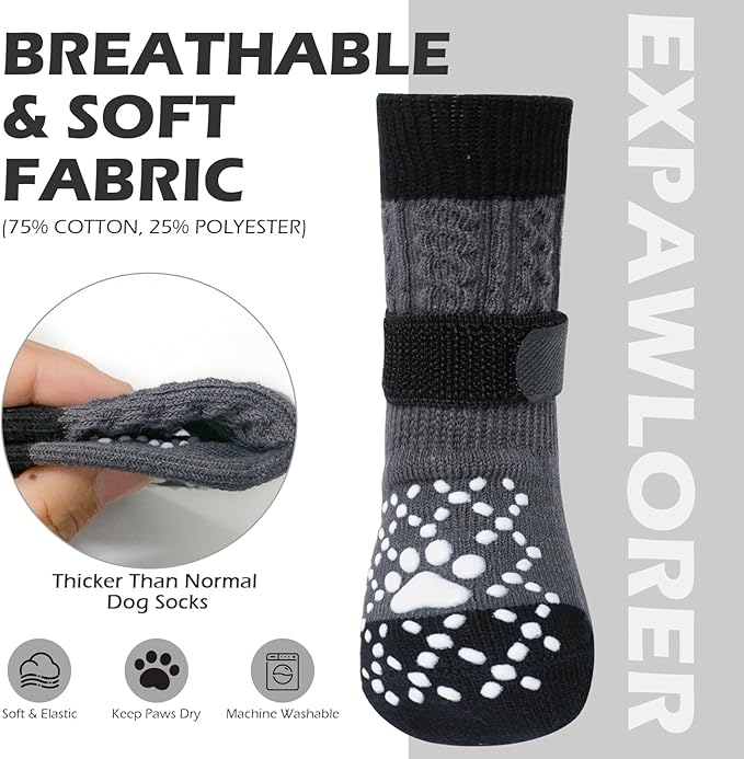 EXPAWLORER Dog Socks for Hot Pavement to Prevent Licking Paws, Non Slip Doggie Grippy Booties Shoes for Hardwood Floors, Boots & Paw Protectors for Small Medium Large Senior Dogs Twists Grey M