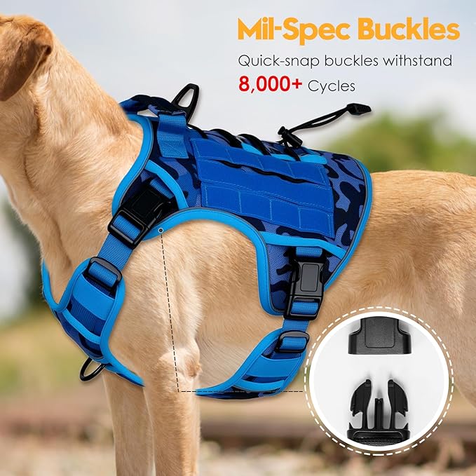 Heavy-Duty Tactical Dog Harness for Large Dogs, No Pull Adjustable Reflective Pet Vest with Molle System, K9 Military-Grade Control for Service Training, Outdoor & 10+ Breeds, Blue Camo, X-Large