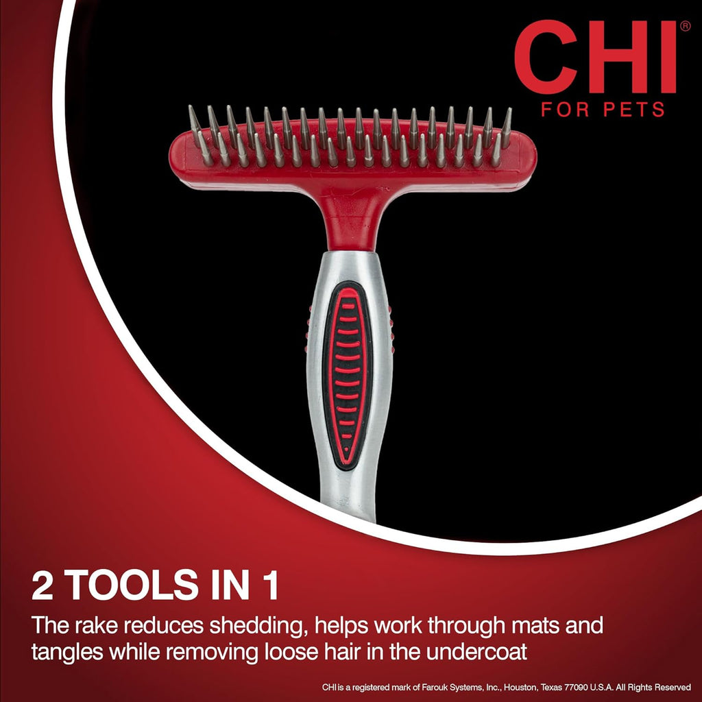 CHI for Dogs Double-Sided Shedding Rake and Blade - Best Grooming Tool for All Hair Types - Safe Dematting and Deshedding Brush for Dogs - Pet Hair Removal Essential