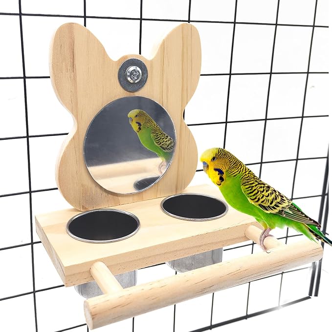 Bird Mirror Parrot Perch with Mirror and Stainless Steel Feeding Cups for Parakeets Cage Swing Wooden Mirror Fun Play Toy for Birds Lovebird Conures Cockatiels