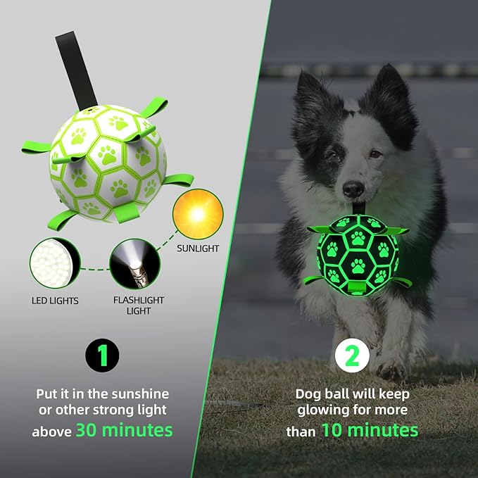 QDAN Premium Glow in The Dark Dog Toys, Dog Ball with Straps, Soccer Ball for Dogs, Outdoor Dog Toys, Pet Birthday Toys, Puppy Essentials for Medium to Large (8Inch)