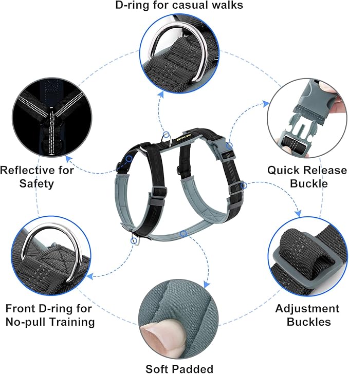 Plutus Pet No Pull Dog Harness, Adjustable Nylon Harness with Soft Padding, Reflective and Heavy Duty Dog Harness for Small, Medium, Large Dogs(Black, XS)
