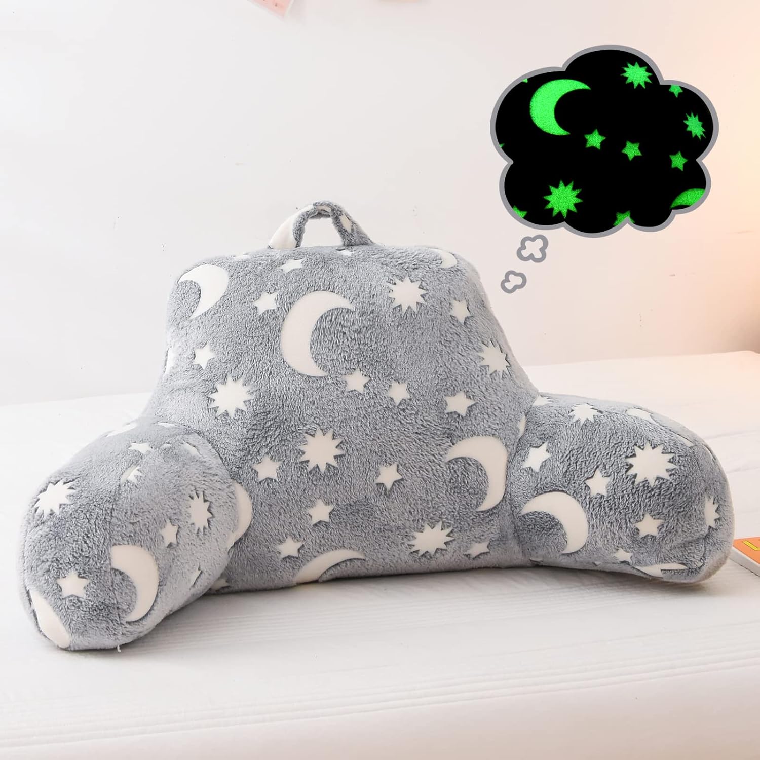 Meeting Story Glow in The Dark Star Moon Luminous Reading Pillows Sparkling with Arms Back Pillow for Bed, Bed Rest Pillow for Adults Teens, Kids, (Grey)