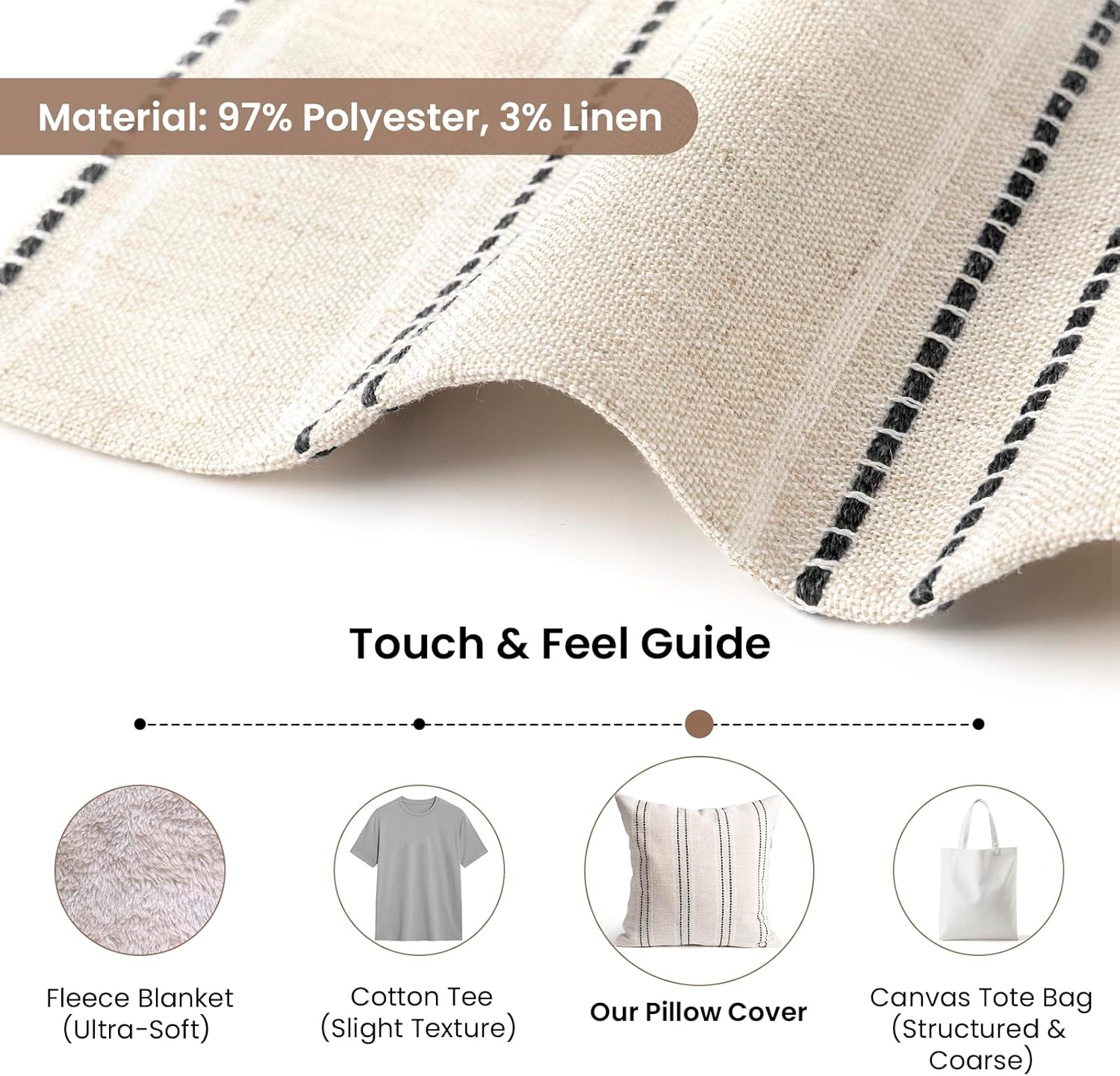 AELS 20x20 Decorative Farmhouse Linen Throw Pillow Covers, Boho Textured Pillow Case, Set of 2, Beige with White & Black Stitch Yarn Dyed Stripe Cushion Cover for Sofa Couch Living Room (Cover ONLY)