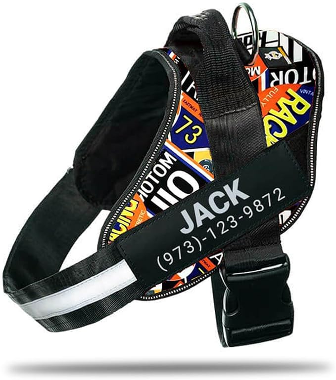 Personalized No-Pull Dog Harness with Name Patch, Adjustable, Reflective, Padded, Heavy Duty Pet Vest to Prevent Tugging, Pulling, or Choking, Training and Walking, Motorsport, 2XL