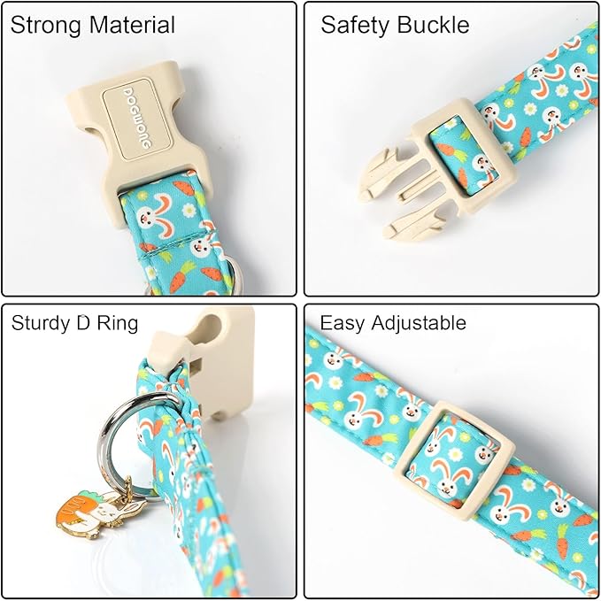 DOGWONG Easter Dog Collar, Cute Bunny Carrot Print Dog Collars Adjustable Easter Day Puppy Heart Dog Collar for Small Medium Large Dogs XS