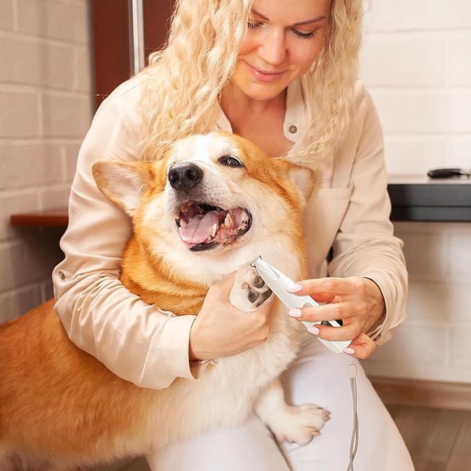 Electric Paw Trimmer for Dogs & Cats - Quiet Rechargeable Clipper with LED Light, 2 Wide Blades, Waterproof for Paws, Ears, Face, Rump - Multifunctional Pet Grooming Tool