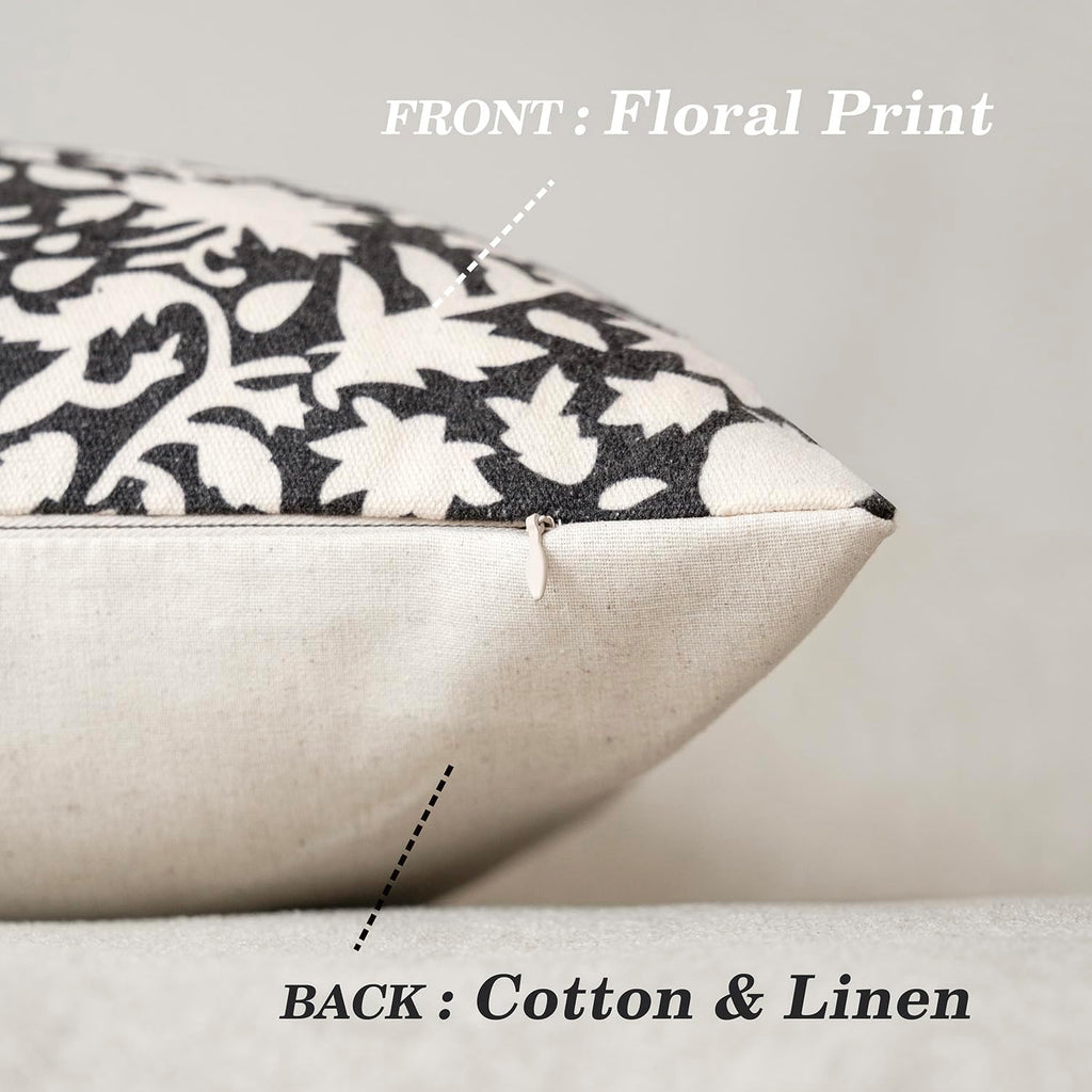Foindtower Set of 2 Decorative Neutral Floral Lumbar Throw Pillow Covers Accent Farmhouse Cushion Covers Boho Vintage Pillowcase for Couch Sofa Bedroom Living Room Home Decor,12×20 Inch,Black