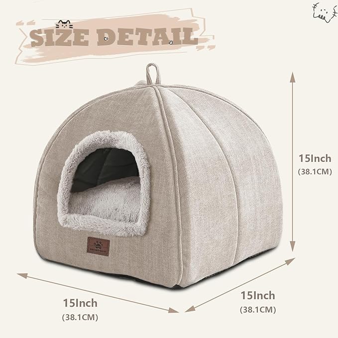 Cat Bed for Indoor Cats - Cat House Cats Tent with Removable Washable Cushioned Pillow, Soft and Self Kitten beds,for Small and Medium Pet Bed, Beige