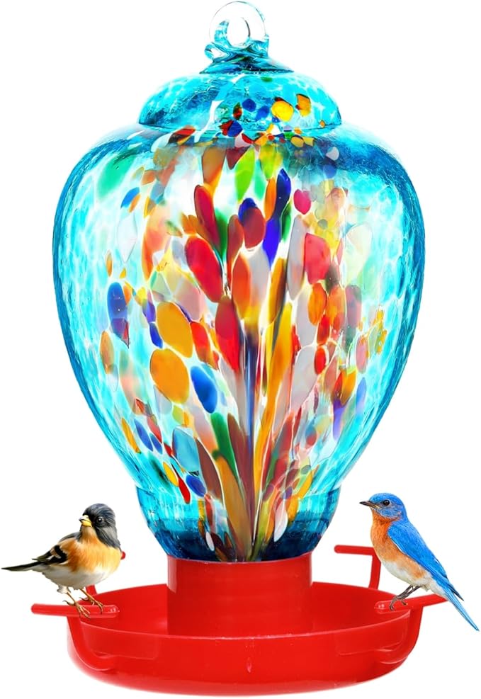 Colorful Glass Wild Bird Waterer 32 Oz Bird Water Feeder for Outdoors Garden Outside Water Cooler Tree Yard Decoration (Blue-fire)