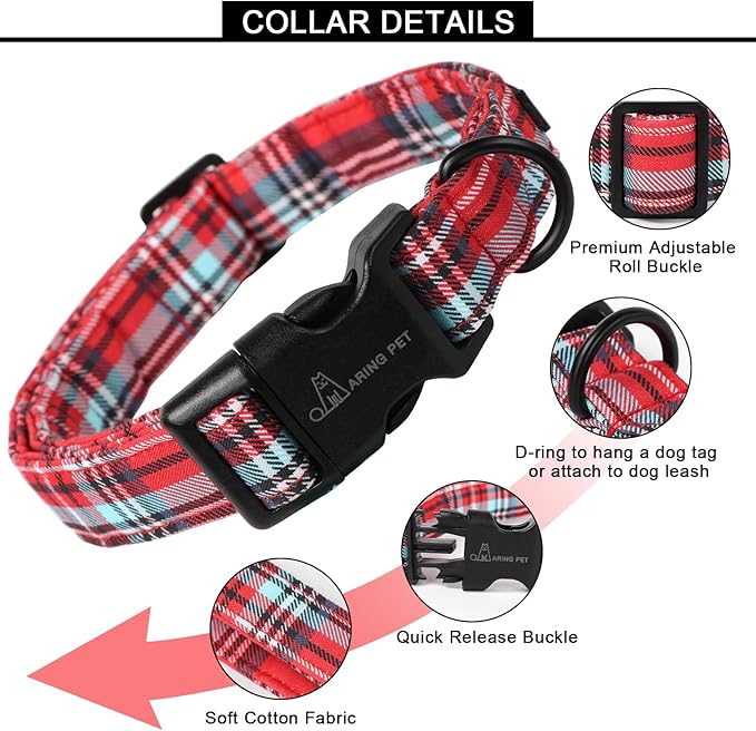 ARING PET Christmas Dog Collar Cute Red Plaid Dog Collar, Adjustable Cotton Christmas Dog Collars Puppy Collar for Small Medium Large Dogs