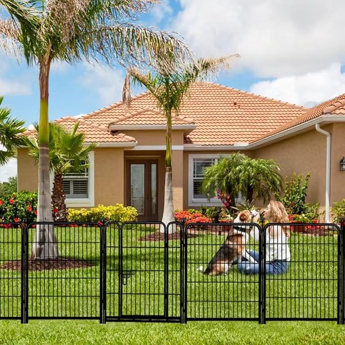 ADAVIN Tall Garden Fence 48 in(H) 12 Panels Total 26.6 FT(L), Heavy Duty Iron Metal Fence and Border, Flower Bed Fencing, outdoor Animal Barrier Fences, Dog Fences with gate for the Yard Camping,Black