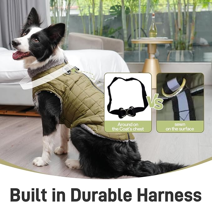 Warm Fleece Dog Coats with Durable Harness Buitl in D-Ring,Waterproof Doggie Jacket for Medium Dogs,Dog Vest for Cold Winter,Green L