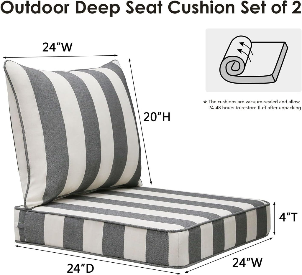 Outdoor Patio Chair Cushions Set, 24" x 24", Set of 2, Water-Repellent, Fade Resistant, Deep Seat Bottom and Back Cushion for Backyard, Couch, Sofa and Patio Furniture, Gray Stripe