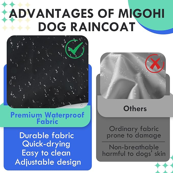 MIGOHI Dog Rain Jacket, Reflective Rain Coat for Medium Dogs | Adjustable Hind Leg Straps Rainproof, Waterproof & Windproof Coat for Rainy Days, Dog Poncho with Back Leash Hole, Black, 2XL