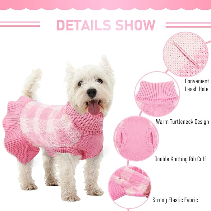 Dog Sweater Dress Plaid Knitwear for Small Medium Dogs Warm Puppy Pet Turtleneck Stretch Pullover Cute Fall Winter Vest Clothes with Leash Hole for Christmas (Pink, 2XS)