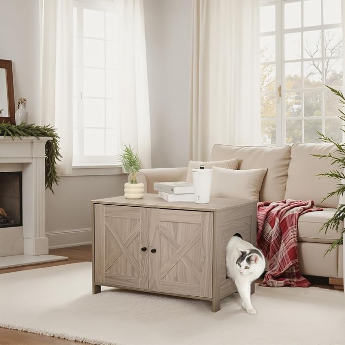 Amazon Basics Cat Litter Box Enclosure Furniture, Wooden Pet House and Hidden Litter Box for Indoor Cats, 27.6" × 19.7" ×19.7", Beige