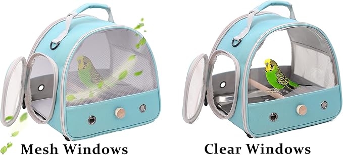 Bird Travel Cage, Portable Small Bird Parrot Parakeet Carrier with Standing Perch, Side Access Window Collapsible(Green, Mesh Windows)