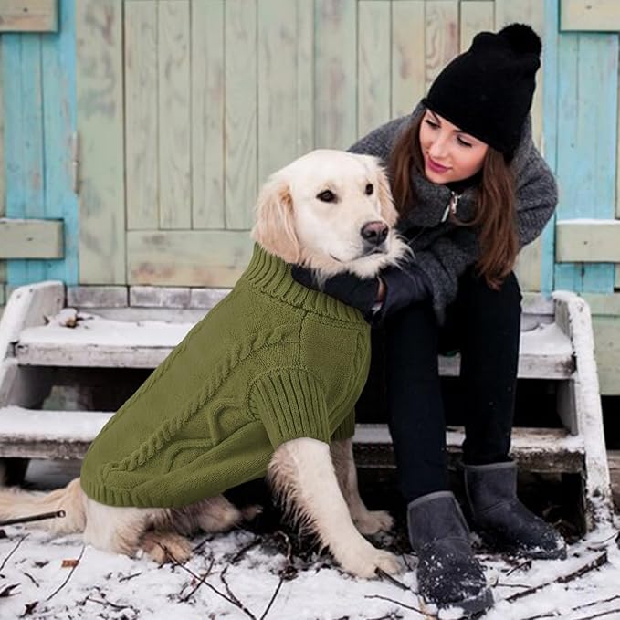 Queenmore Small Dog Pullover Sweater, Cold Weather Cable Knitwear, Classic Turtleneck Thick Warm Clothes for Chihuahua, Bulldog, Dachshund, Pugl,OliveGreen,L