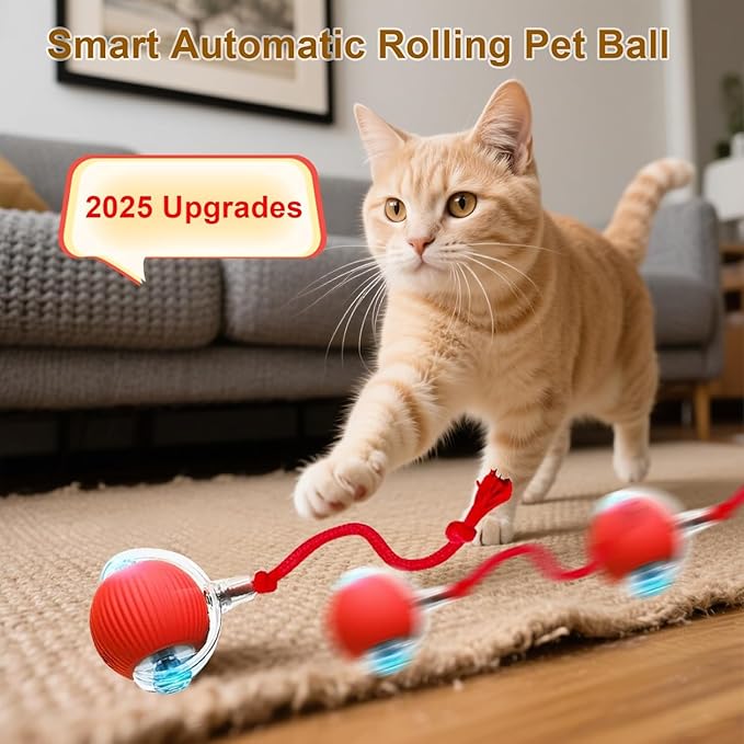 Durable Interactive Cat Toys for Indoor Cats, Smart Automatic Cat Chase Ball Toy, Upgraded Speedy Tail Kitten Toy for Bored Indoor Adult Pets (Red)