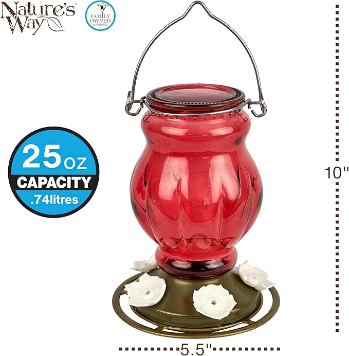 Nature's Way Hanging Glass Hummingbird Feeder for Outdoor Decor, 25 Ounce Capacity Nectar Feeder, 5 Easy to Clean Flexible Ports, Red